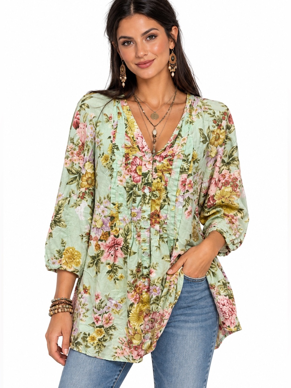 Floral V-Neck Cotton Tunic Top - Mint Green
